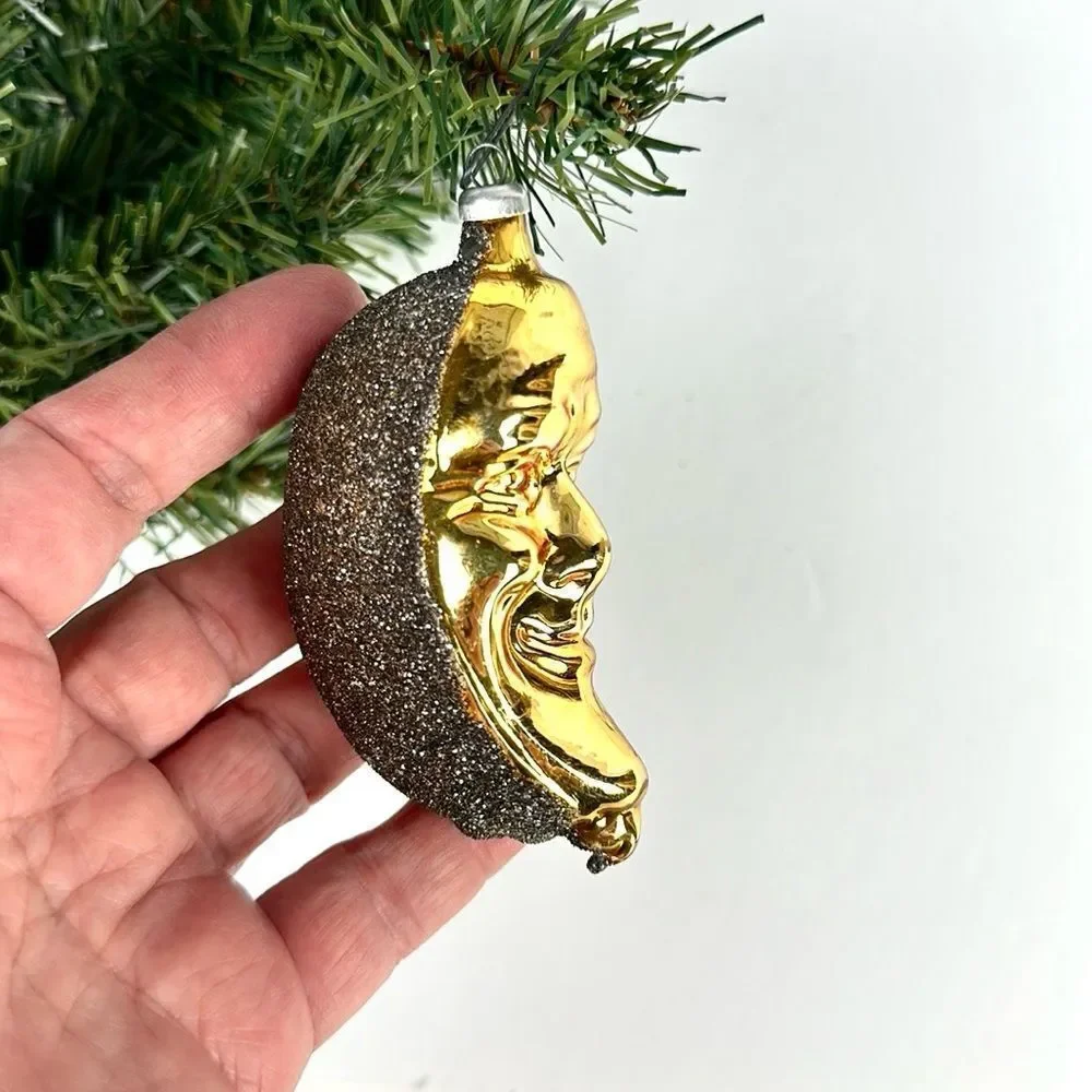 Blown Glass Christmas Ornament Shimmering Crescent Moon Face Gold  Germany Vtg